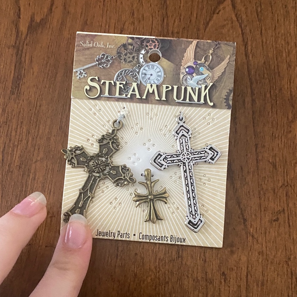 Solid Steampunk Cross Necklace Set - Gold and Silver